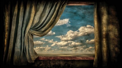 A view of the sky through aged curtains.