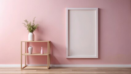 A minimalist shelf with an empty vertical frame, set against a soft pink wall background, creating a visually appealing contrast and clean lines, interior, modern