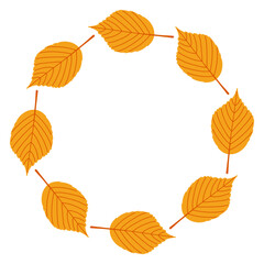 Autumn leaves circle frame. Round border made of fall leaves. The leaves are arranged in a circle. Vector flat isolated on white background.