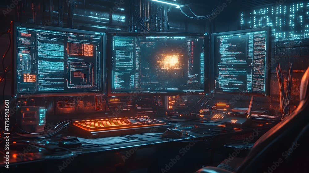 Fototapete a dark, futuristic workstation, illuminated by vibrant neon lights, showcases multiple computer moni