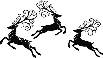 Three elegant reindeer silhouettes jumping, perfect for christmas and winter designs