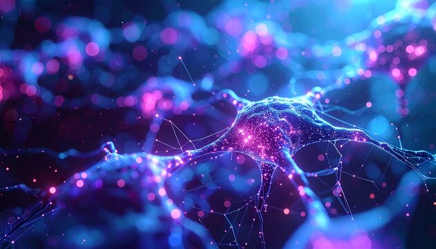 A vibrant digital visualization of a complex neural network with glowing nodes and synapses.