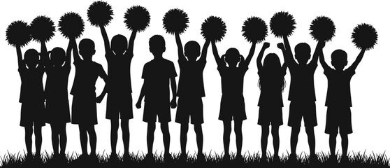 Black silhouette vector of children cheerleaders holding pom poms performing group cheer routine outdoor sports event celebration teamwork illustration design
