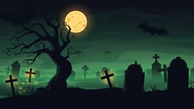 Exploring Spooky Graveyard Scene at Night with Bats and Glowing Moon