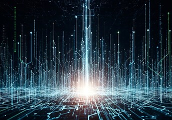 Abstract technological landscape depicting data flow and interconnectedness