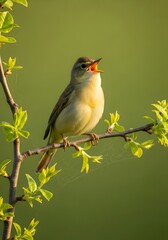 Obraz premium A small songbird perches on a budding branch, beak open in cheerful song against a soft green backdrop, capturing springtime vitality, nature’s melody, and serene wildlife.