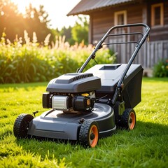 Fototapeta premium Lawn mower in a garden setting at sunset