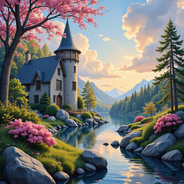 mountain landscape with flowers and trees