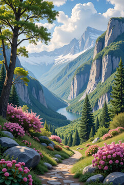 mountain landscape with flowers and trees