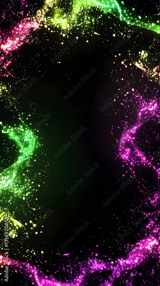 Poster vibrant, glowing particles form a circular design against a dark backdrop, showcasing a dynamic inte