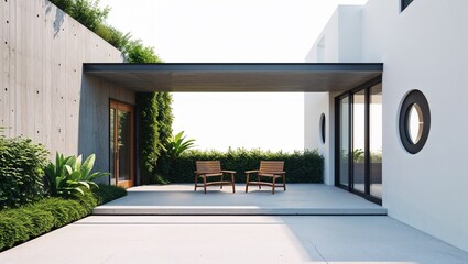 a modern architectural rendering showcasing a minimalist outdoor patio area. The layout features a rectangular space with a concrete floor and a partial open roof, allowing natural light to filter thr