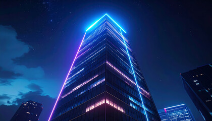 A vector illustration of a glowing neon skyscraper, an immersive perspective that makes you feel you can fly past the building, flying high into the futuristic city night