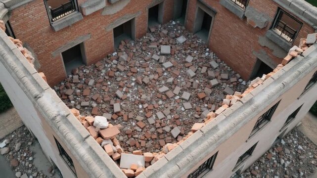 Collapsed ruins of the old building. Bricks, stones and pieces of concrete left after the house bombing. Aerial view. Vertical video