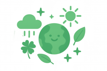 Green earth with a smiling face surrounded by nature elements, symbolizing care, ecology, and sustainable living, transparent background