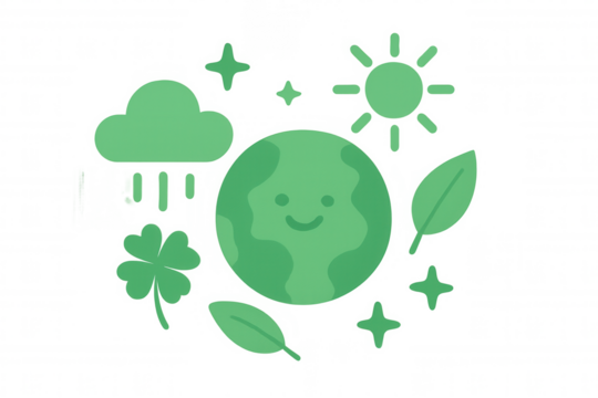Green earth with a smiling face surrounded by nature elements, symbolizing care, ecology, and sustainable living, transparent background