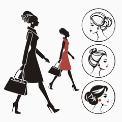 &ldquo;Fashion silhouette vector pack: stylish models, dresses, heels, handbags, makeup, hairstyle icons for beauty branding, clothing design, glamour posters, and modern lifestyle silhouette design themes&rdquo;