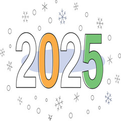 Illustration of the year 2025 with colorful numbers and snowflakes