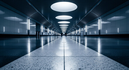 Futuristic empty subway corridor with symmetrical architecture illuminated by modern blue neon circular ceiling lights