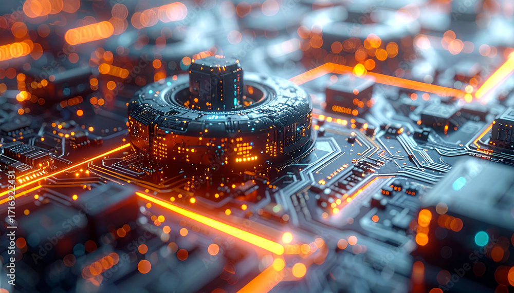 Poster intricate technology nexus: a captivating macro view of a cutting-edge circuit board, showcasing a n