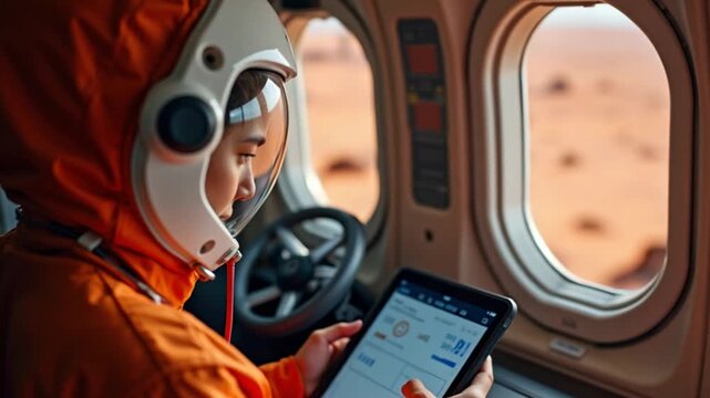 Vertical Astronaut using tablet to check analytics after completing red planet surface mission on unfamiliar planet. Cosmonaut leaving Mars, inputting navigation coordinates on device to return home,