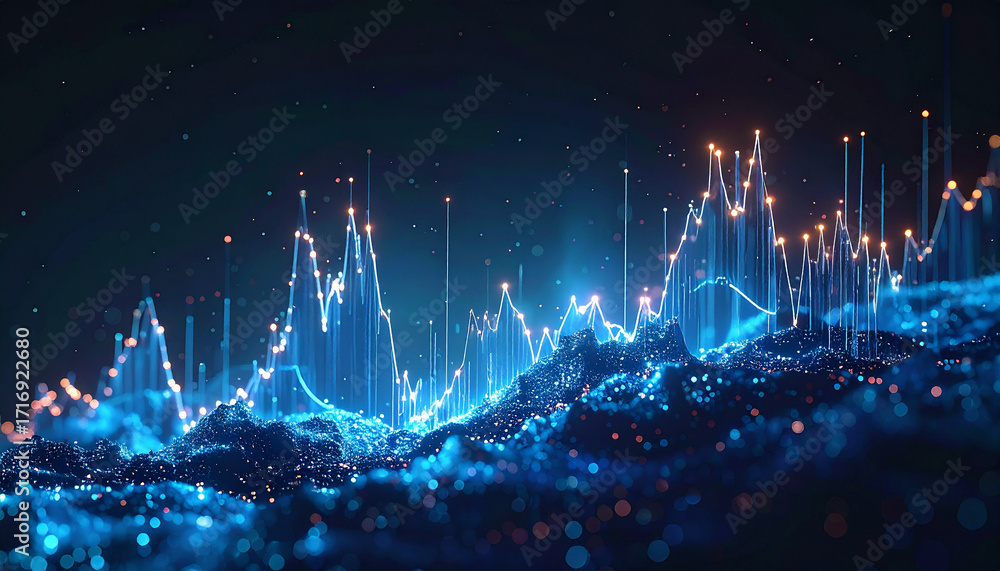 Poster Digital Data Landscape: A vibrant, abstract representation of digital data visualized as a dynamic landscape, with glowing peaks and valleys, and particles.