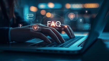 Global FAQ Interface with Tech Icons and Laptop Typing Digital Support and Communication