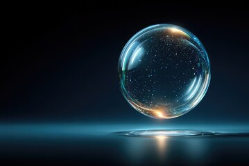 Abstract glowing glass sphere with sparkling particles and reflection