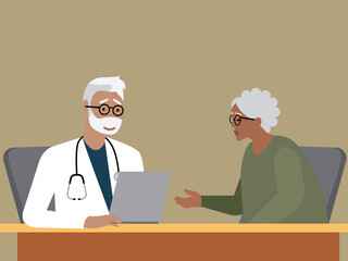 Doctor listening to old lady's complaints about her health