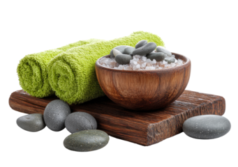 Spa stones, towels, and salt in wooden bowl (1)
