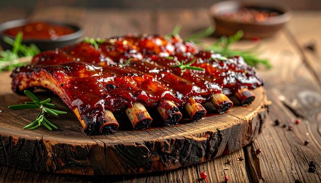 Rustikales Holzbrett mit BBQ-Rippchen mit Glasur