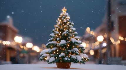 Beautiful snow-covered Christmas tree with lights and star decoration, festive ambiance in winter wonderland setting during holiday season