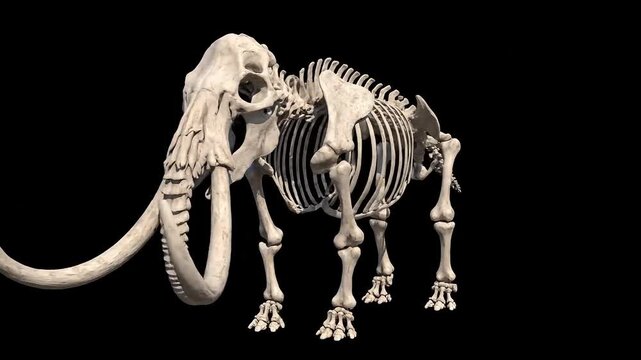 Ancient mammoth skeleton displayed against a dark background, showcasing prehistoric life.