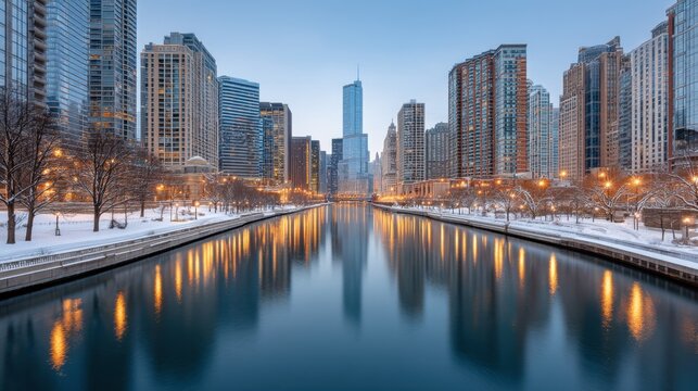 Serene Winter Morning in Chicago with Reflection of Skyscrapers and Calm River Under Clear Blue Sky - Powered by Adobe