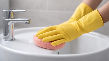 Person in yellow gloves cleaning a modern sink with a sponge, focus on hygiene and sanitation in home interior during routine clean-up session