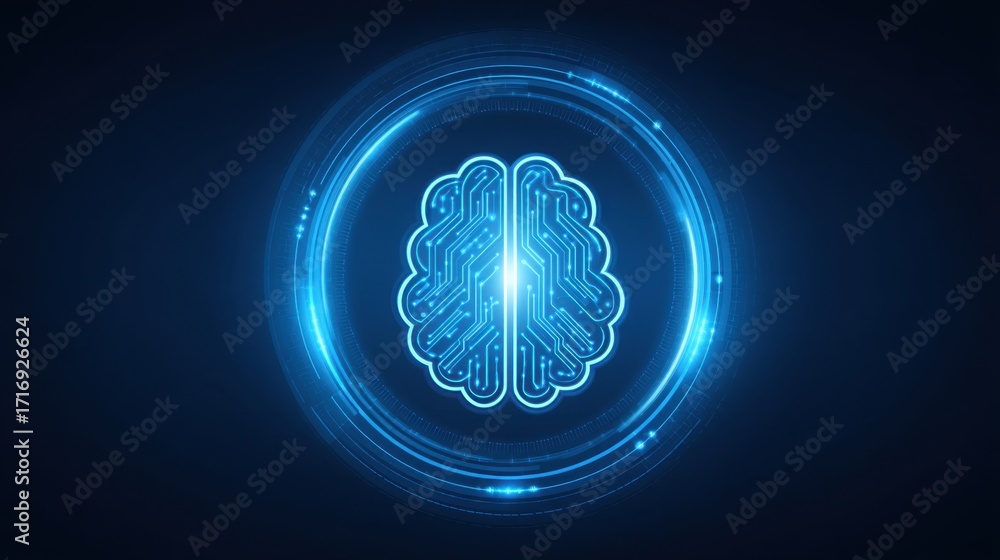 Poster futuristic digital brain with glowing circuits in a circular pattern on a dark background representi