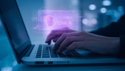 Chat AI Interface with Circuit Head Icon and Laptop Typing – Human-AI Interaction Concept"