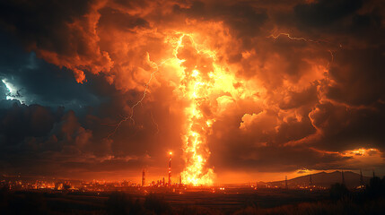 Obraz premium Massive bolt of lightning being absorbed by a high-tech facility surrounded by electric discharge fields 