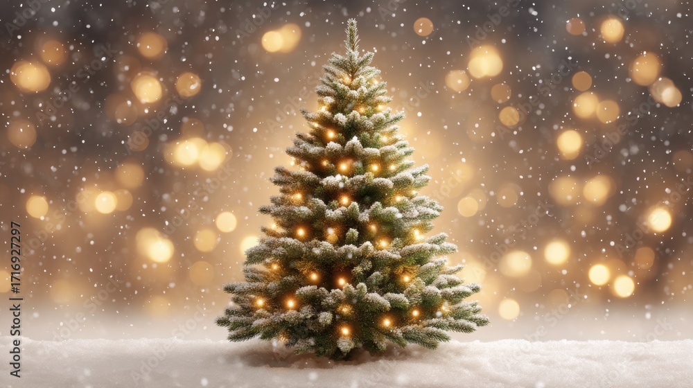 Poster snow-covered christmas tree adorned with warm lights surrounded by soft snowfall and glowing bokeh b