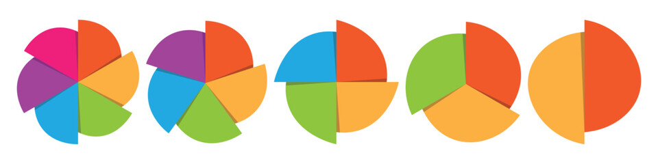 Colorful pie chart infographic for business data, marketing shares and financial analytics. 2, 3, 4, 5, and 6 parts