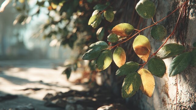 Sunlit foliage cascading down an aged wall with textured concrete surface - Powered by Adobe