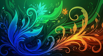 Vibrant digital abstract floral swirl with glowing colorful leaves in fantasy decorative modern illustration