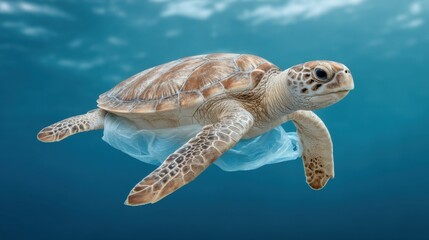A Sea Turtle Swimming Gracefully Underwater with a Plastic Bag Entangled Around Its Flippers in the Depths of the Ocean