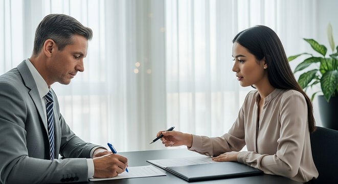Professional business meeting with two executives discussing strategy and signing important documents at office