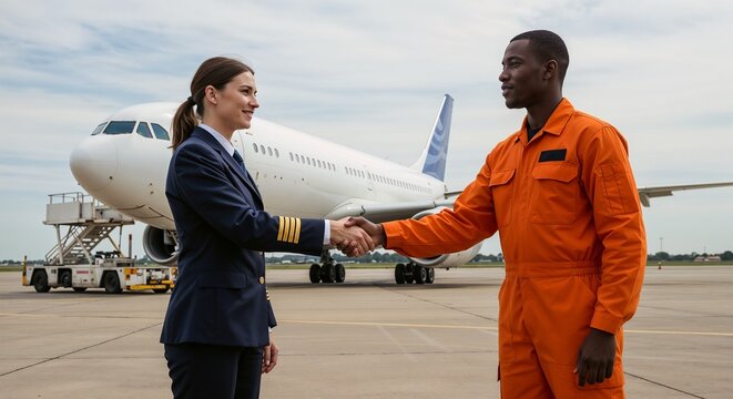 Airline pilot shaking hands with technician at airport tarmac