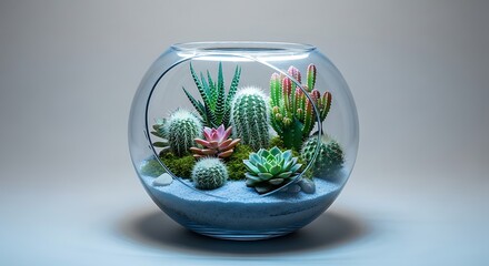 Luminous Miniature Cactus  Succulent Terrarium - Modern Glass Bowl with Blue Sand  Diverse Plants.