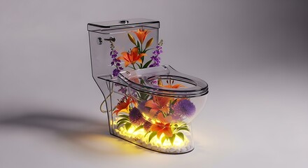 Whimsical Transparent Toilet Bowl Adorned with Glowing Flowers.