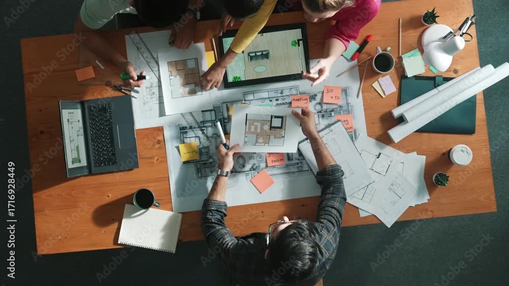 Poster top down view of manager writing at blueprint while marketing team plans design. aerial view of arch