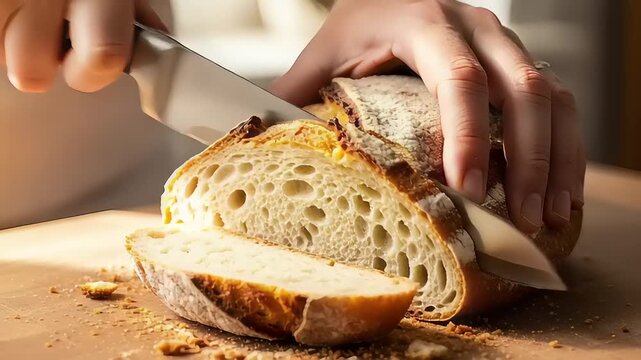 Freshly baked artisanal bread being sliced on a wooden cutting board with soft morning light