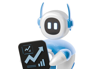 3d robot with chart icon. artificial intelligence concept. Minimal cartoon blue white chatbot holding rising arrow graph for app UI and business analytics isolated on white background. 3d render.