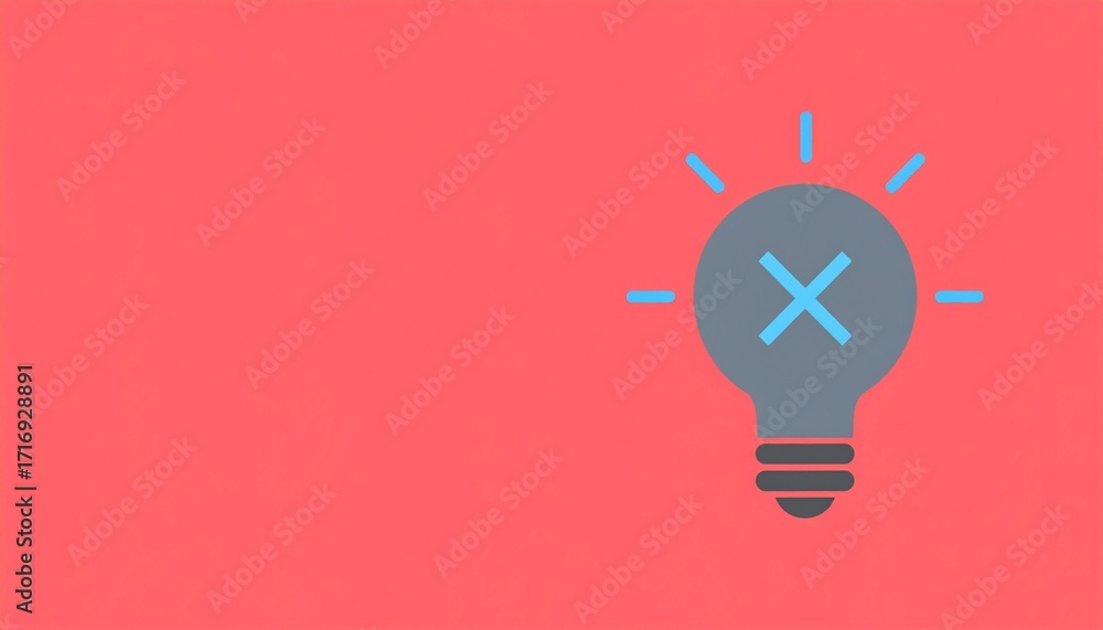 Poster Failed Idea A minimalist flat illustration of a gray light bulb with a blue 'X' on a red background, symbolizing a failed concept or incorrect solution.

